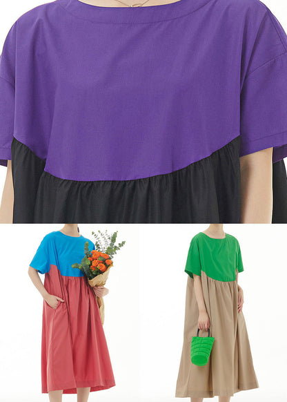 Simple Purple O Neck Wrinkled Patchwork Cotton Dresses Summer LY1166