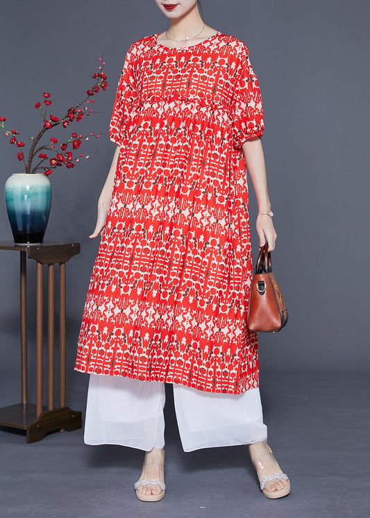 Simple Red O-Neck Ruffled Print Silk Holiday Dress Summer LY1109