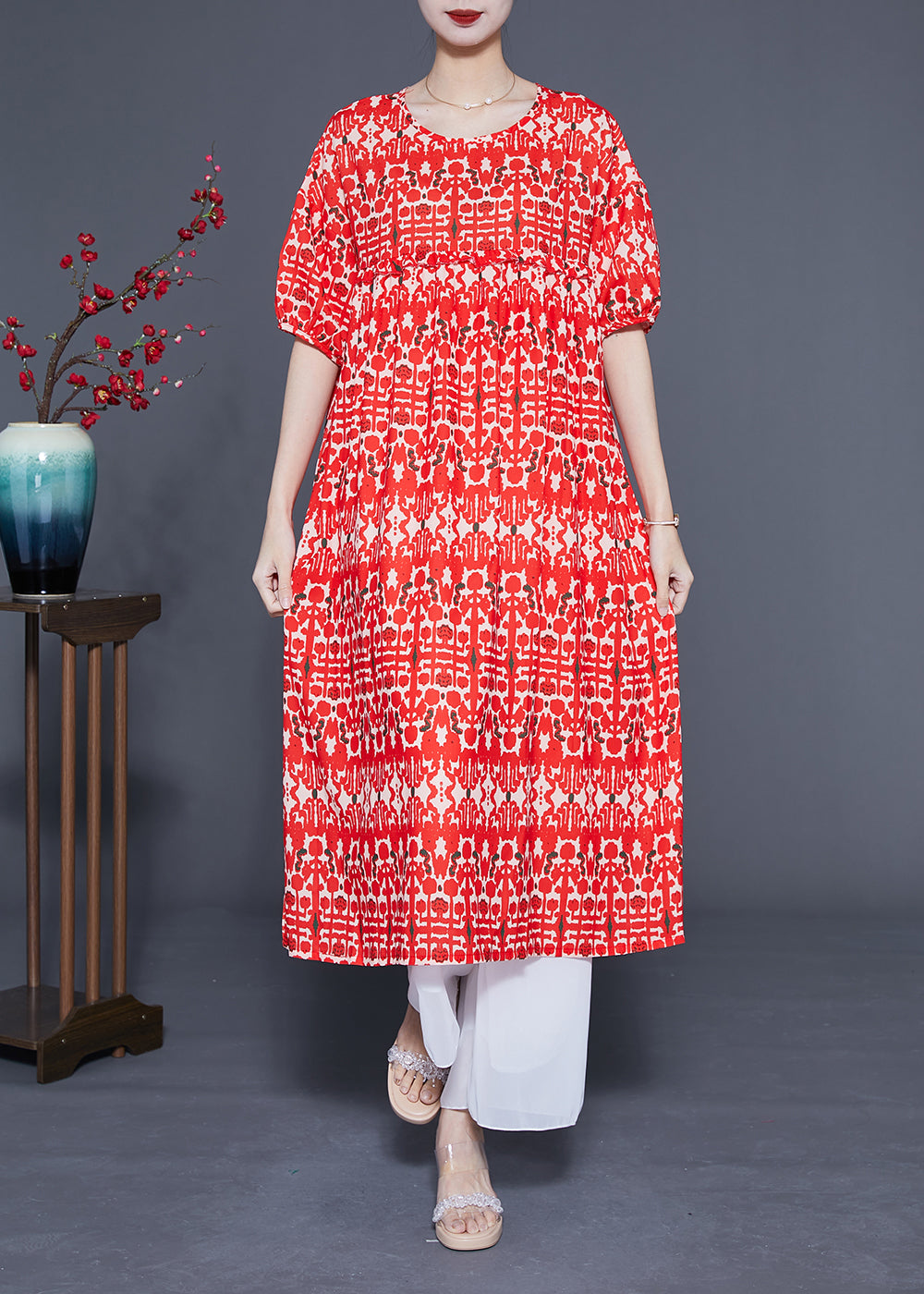 Simple Red O-Neck Ruffled Print Silk Holiday Dress Summer LY1109