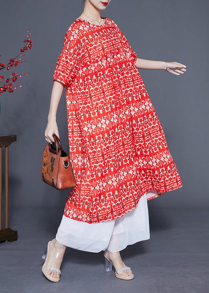 Simple Red O-Neck Ruffled Print Silk Holiday Dress Summer LY1109