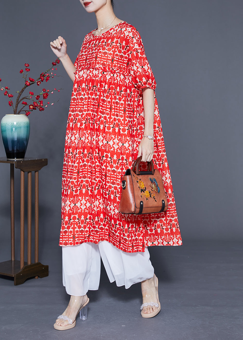 Simple Red O-Neck Ruffled Print Silk Holiday Dress Summer LY1109