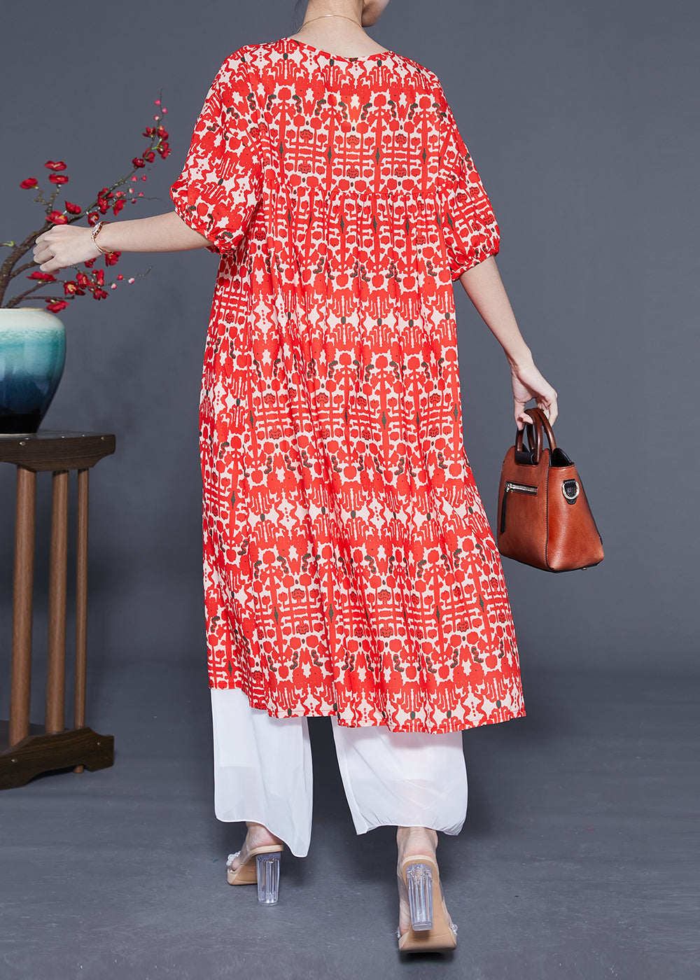 Simple Red O-Neck Ruffled Print Silk Holiday Dress Summer LY1109