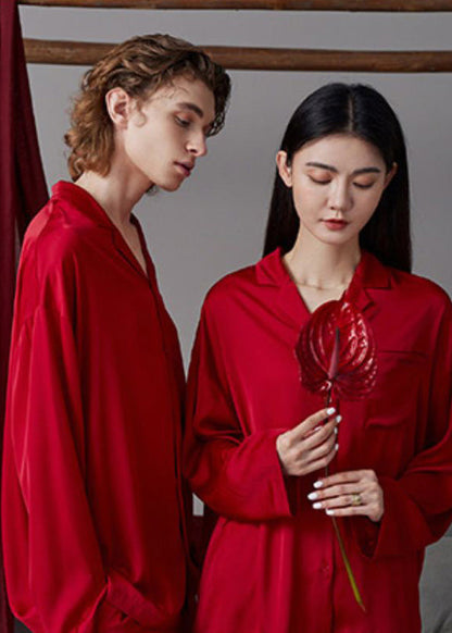 Simple Red Peter Pan Collar Button Solid Ice Silk Couple Pajamas Two Pieces Set Long Sleeve LY1862