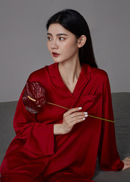 Simple Red Peter Pan Collar Button Solid Ice Silk Couple Pajamas Two Pieces Set Long Sleeve LY1862