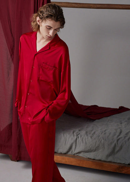 Simple Red Peter Pan Collar Button Solid Ice Silk Couple Pajamas Two Pieces Set Long Sleeve LY1862