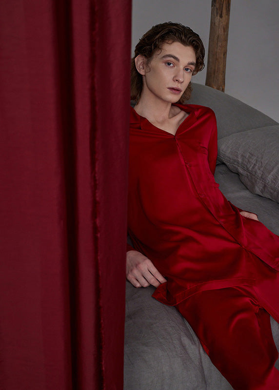 Simple Red Peter Pan Collar Button Solid Ice Silk Couple Pajamas Two Pieces Set Long Sleeve LY1862