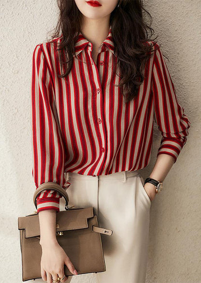 Simple Red Peter Pan Collar Striped Patchwork Chiffon Shirt Long Sleeve TQ1061