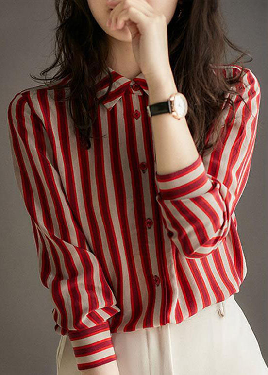 Simple Red Peter Pan Collar Striped Patchwork Chiffon Shirt Long Sleeve TQ1061