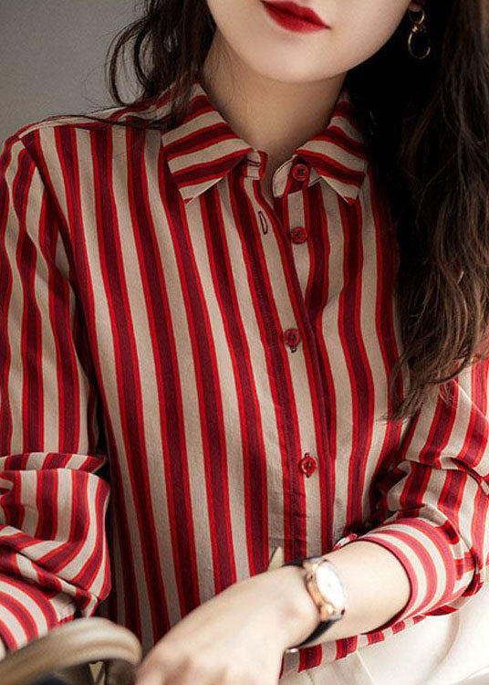 Simple Red Peter Pan Collar Striped Patchwork Chiffon Shirt Long Sleeve TQ1061