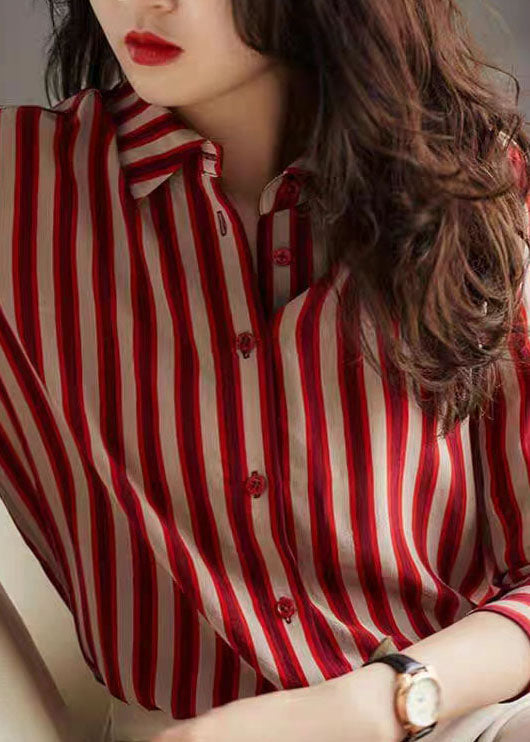 Simple Red Peter Pan Collar Striped Patchwork Chiffon Shirt Long Sleeve TQ1061