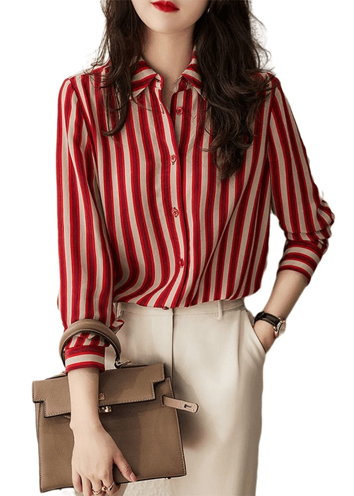 Simple Red Peter Pan Collar Striped Patchwork Chiffon Shirt Long Sleeve TQ1061