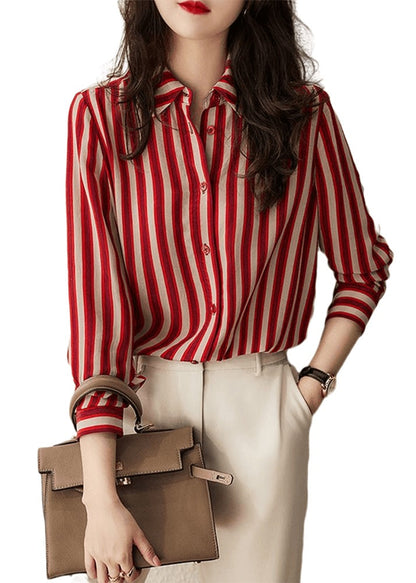 Simple Red Peter Pan Collar Striped Patchwork Chiffon Shirt Long Sleeve TQ1061