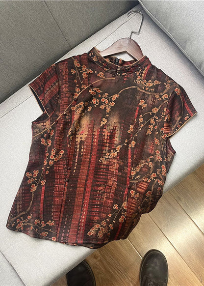 Simple Red Stand Collar Print Button Patchwork Silk Tops Summer LC0284