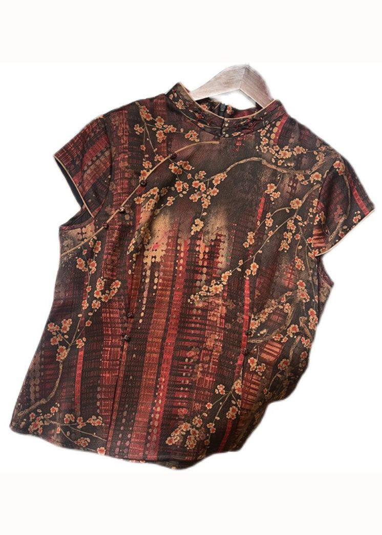 Simple Red Stand Collar Print Button Patchwork Silk Tops Summer LC0284