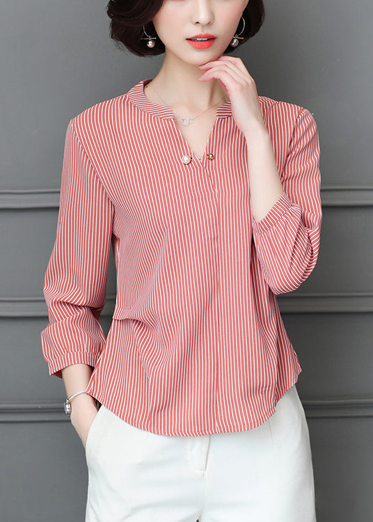 Simple Red V Neck Wrinkled Striped Chiffon Blouse Top Bracelet Sleeve LY0457