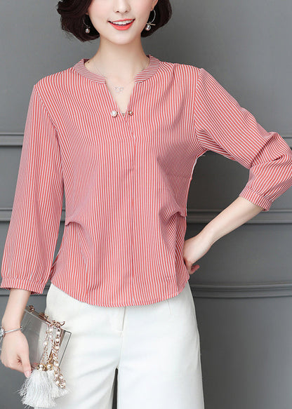 Simple Red V Neck Wrinkled Striped Chiffon Blouse Top Bracelet Sleeve LY0457