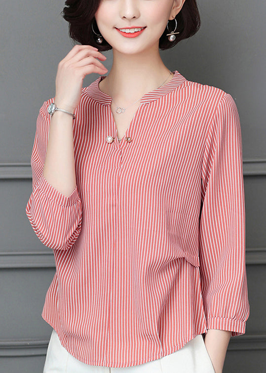 Simple Red V Neck Wrinkled Striped Chiffon Blouse Top Bracelet Sleeve LY0457