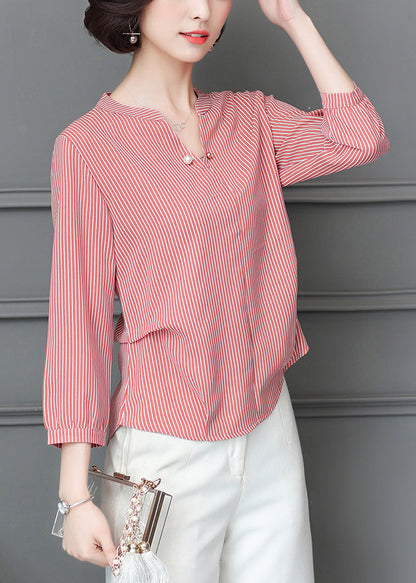 Simple Red V Neck Wrinkled Striped Chiffon Blouse Top Bracelet Sleeve LY0457