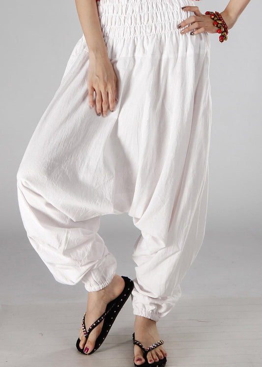 Simple White Elastic Waist Solid Cotton Lantern Pants Summer TQ1064