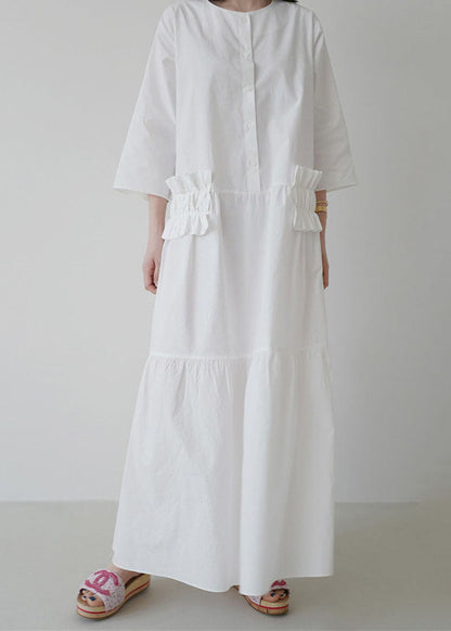 Simple White O Neck Ruffled Patchwork Cotton Dresses Summer LY1344