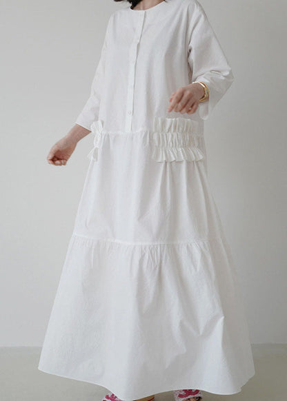 Simple White O Neck Ruffled Patchwork Cotton Dresses Summer LY1344