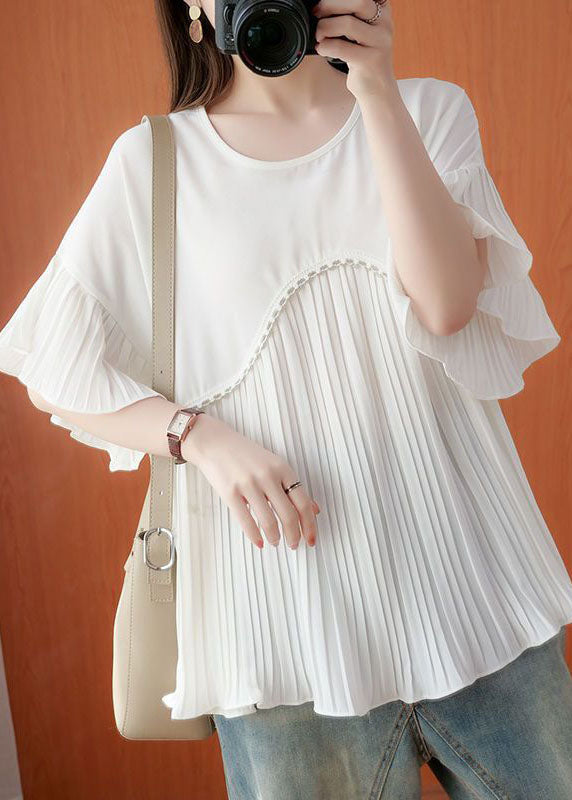 Simple White Oversized Patchwork Pleated Chiffon Top Summer FR2010