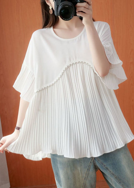 Simple White Oversized Patchwork Pleated Chiffon Top Summer FR2010