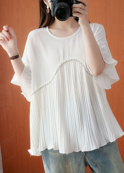 Simple White Oversized Patchwork Pleated Chiffon Top Summer FR2010