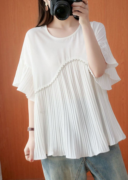 Simple White Oversized Patchwork Pleated Chiffon Top Summer FR2010