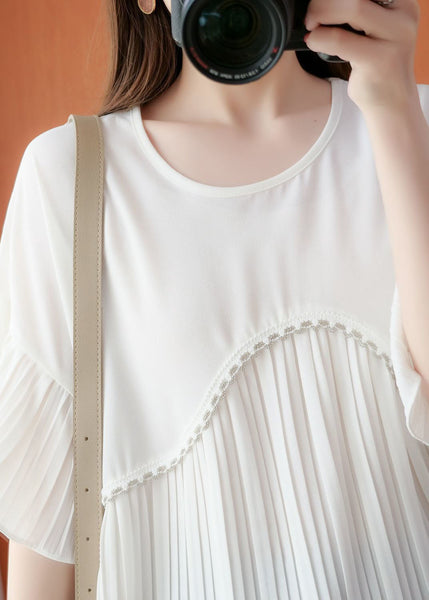 Simple White Oversized Patchwork Pleated Chiffon Top Summer FR2010