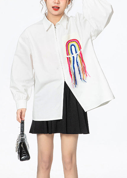 Simple White Peter Pan Collar Print Rainbow Zippered Button Cotton Shirt Puff Sleeve LY0797