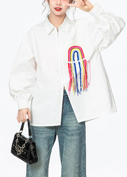 Simple White Peter Pan Collar Print Rainbow Zippered Button Cotton Shirt Puff Sleeve LY0797