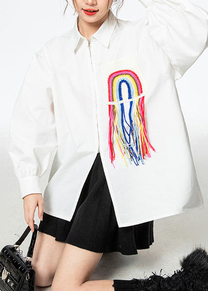 Simple White Peter Pan Collar Print Rainbow Zippered Button Cotton Shirt Puff Sleeve LY0797