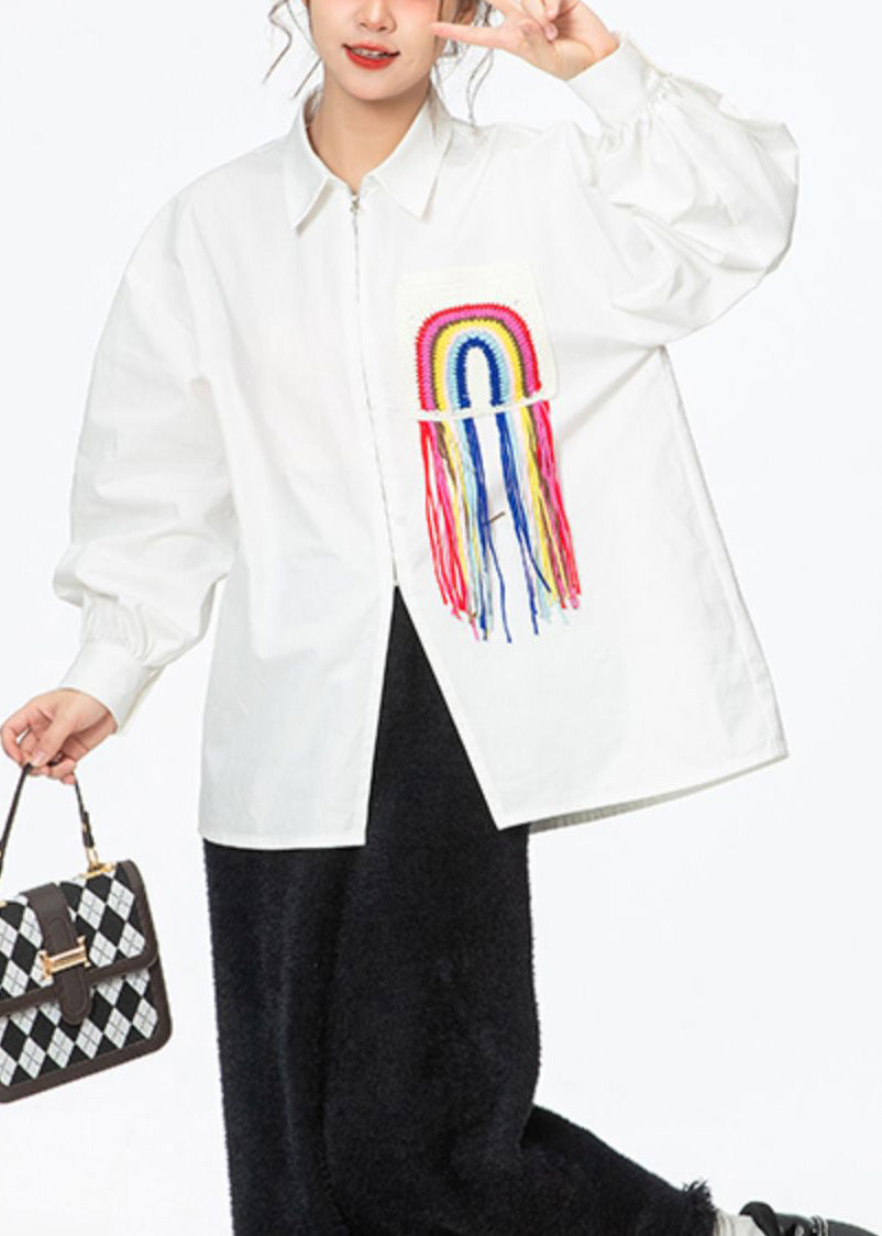 Simple White Peter Pan Collar Print Rainbow Zippered Button Cotton Shirt Puff Sleeve LY0797