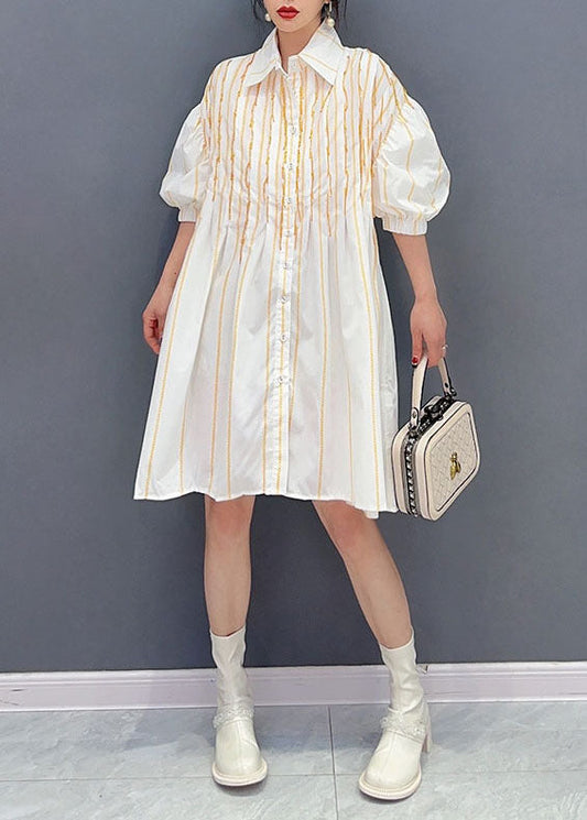 Simple White Peter Pan Collar Striped Cotton Shirts Dress Summer LC0332