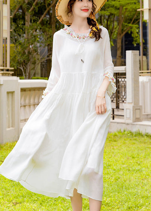 Simple White Ruffled Exra Large Hem Silk Long Dress Spring LY0739