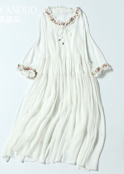 Simple White Ruffled Exra Large Hem Silk Long Dress Spring LY0739