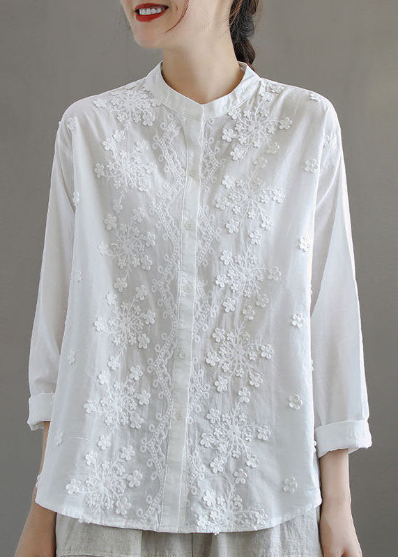 Simple White Stand Collar Embroideried Patchwork Cotton Blouses Long Sleeve TQ1052