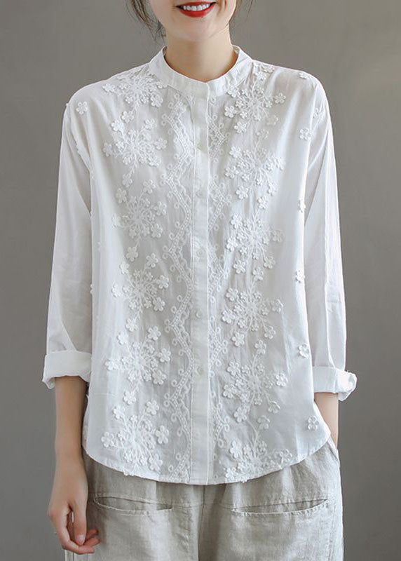 Simple White Stand Collar Embroideried Patchwork Cotton Blouses Long Sleeve TQ1052