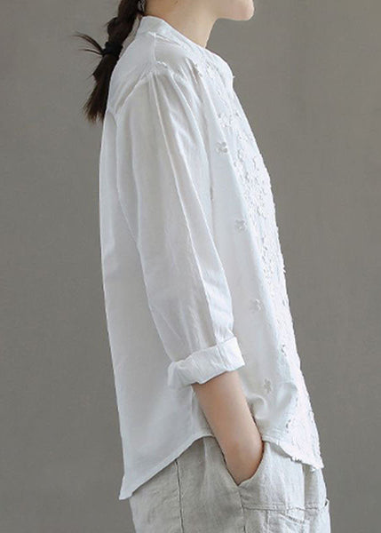 Simple White Stand Collar Embroideried Patchwork Cotton Blouses Long Sleeve TQ1052