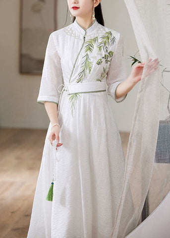 Simple White Stand Collar Embroideried Patchwork Silk Dress Spring LY1670