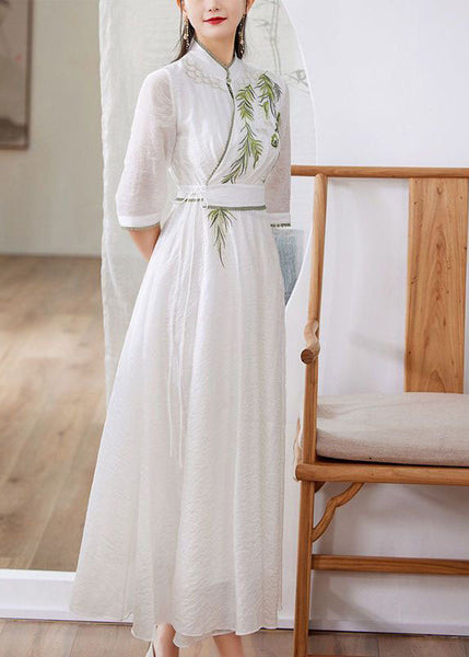 Simple White Stand Collar Embroideried Patchwork Silk Dress Spring LY1670
