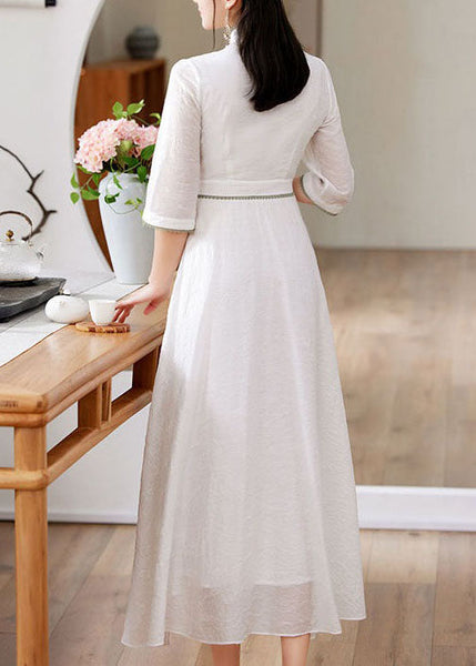 Simple White Stand Collar Embroideried Patchwork Silk Dress Spring LY1670