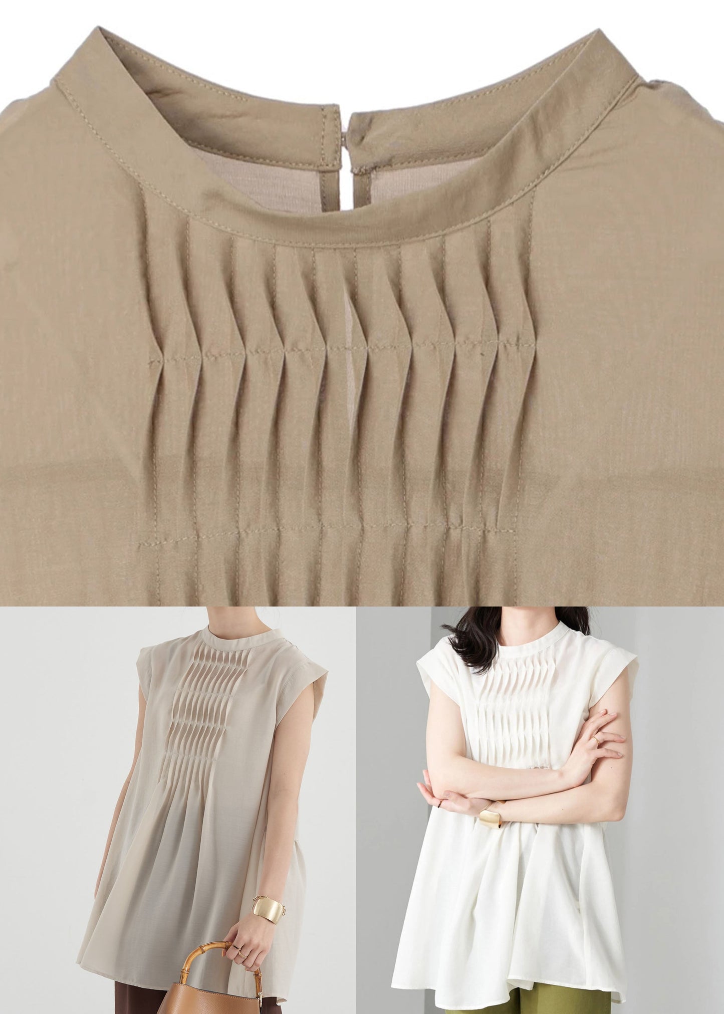 Simple White Stand Collar Wrinkled Cotton Tops Sleeveless LY1325