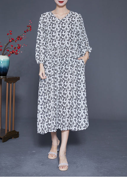 Simple White V Neck Oversized Print Chiffon Long Dresses Spring LY1849