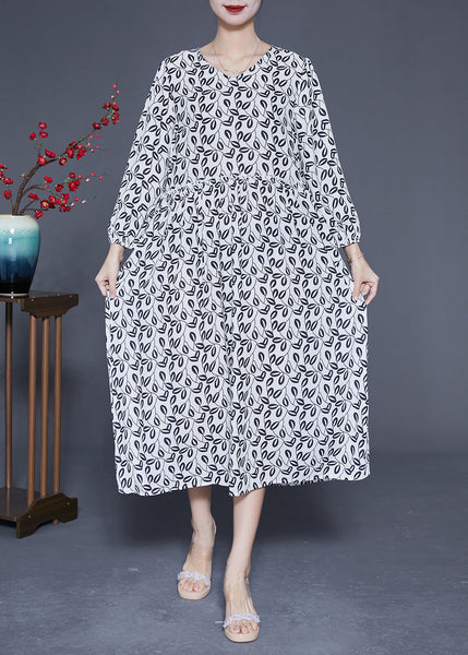 Simple White V Neck Oversized Print Chiffon Long Dresses Spring LY1849