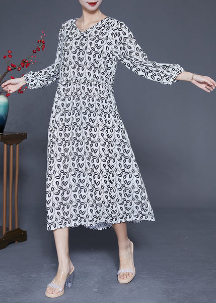 Simple White V Neck Oversized Print Chiffon Long Dresses Spring LY1849