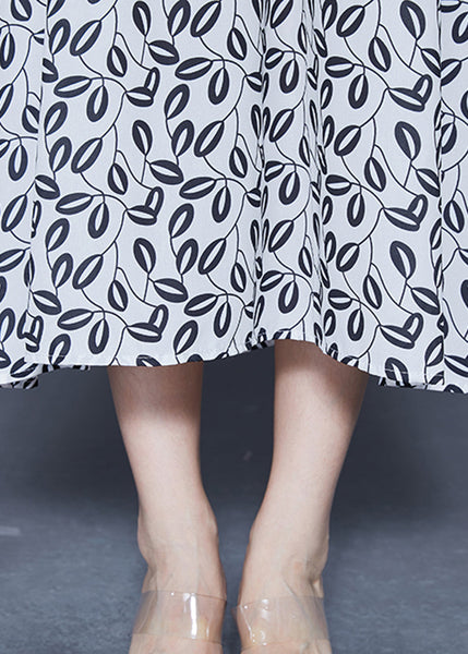 Simple White V Neck Oversized Print Chiffon Long Dresses Spring LY1849