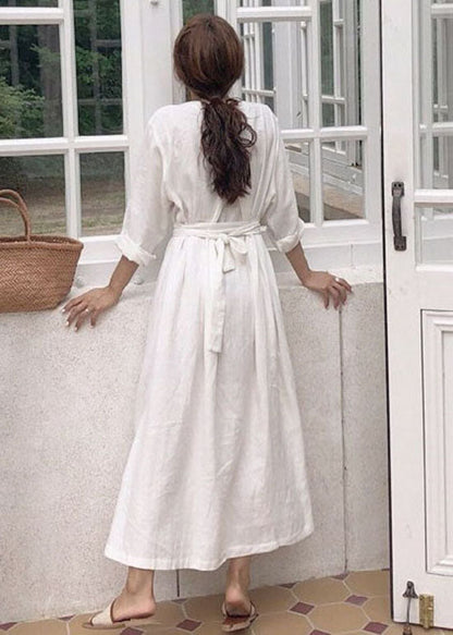 Simple White V Neck Tie Waist Patchwork Cotton Dress Spring LC0449