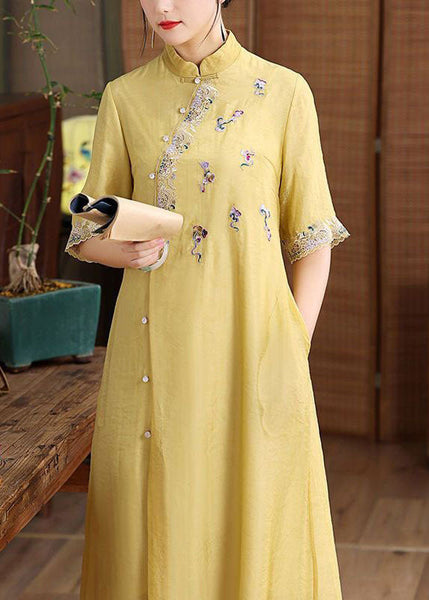 Simple Yellow Embroideried Patchwork Button Silk Dress Summer LY1685